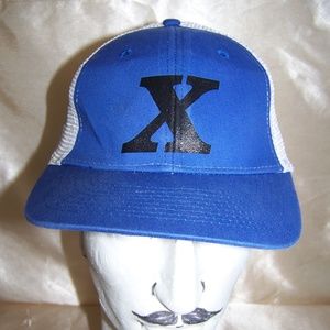 White & Blue with a black X trucker hat
